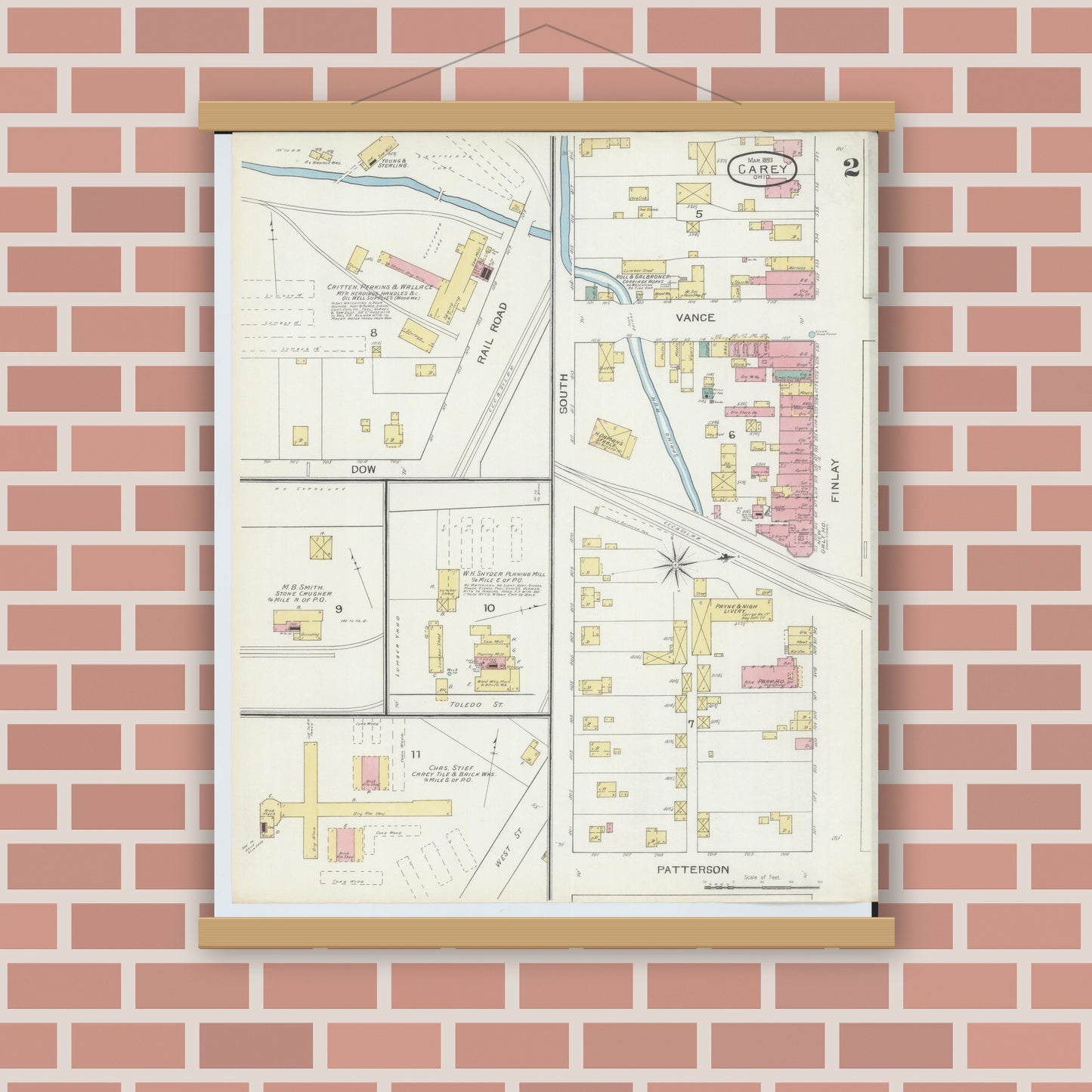 Old map wall art mockup — magnetic wood frame on brick wall — Sanborn Fire Insurance Map from Carey, Wyandot County, Ohio (1893), Sheet #0002