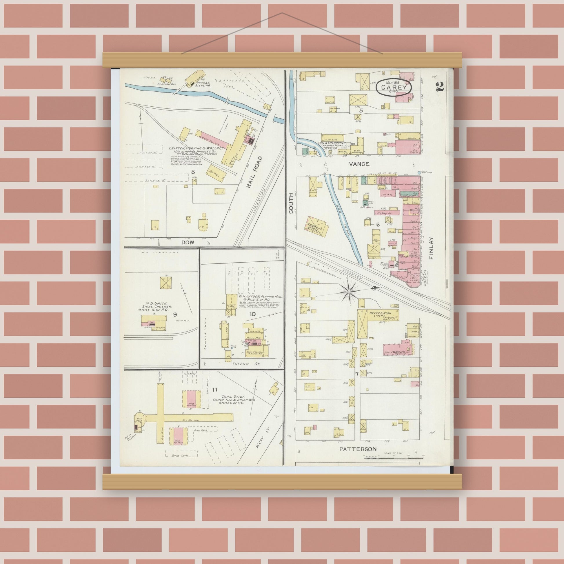 Old map wall art mockup — magnetic wood frame on brick wall — Sanborn Fire Insurance Map from Carey, Wyandot County, Ohio (1893), Sheet #0002