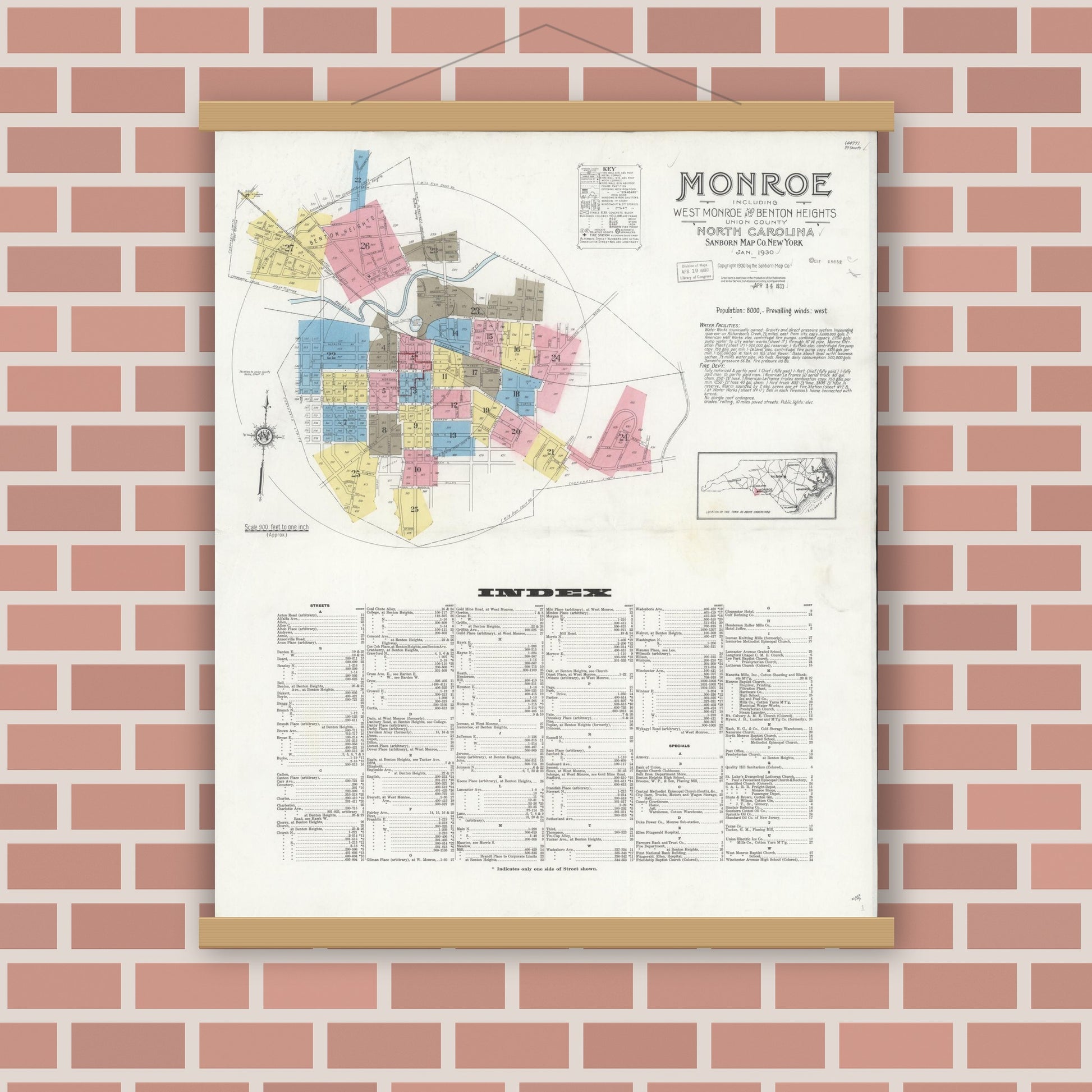 Old map wall art mockup — magnetic wood frame on brick wall — Sanborn Fire Insurance Map from Monroe, Union County, North Carolina (1930) - Complete Map Set