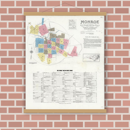 Old map wall art mockup — magnetic wood frame on brick wall — Sanborn Fire Insurance Map from Monroe, Union County, North Carolina (1930) - Complete Map Set