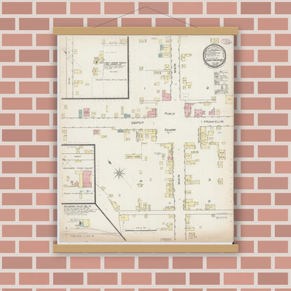 Old map wall art mockup — magnetic wood frame on brick wall — Sanborn Fire Insurance Map from Christiansburg, Montgomery County, Virginia (1885), Sheet #0001