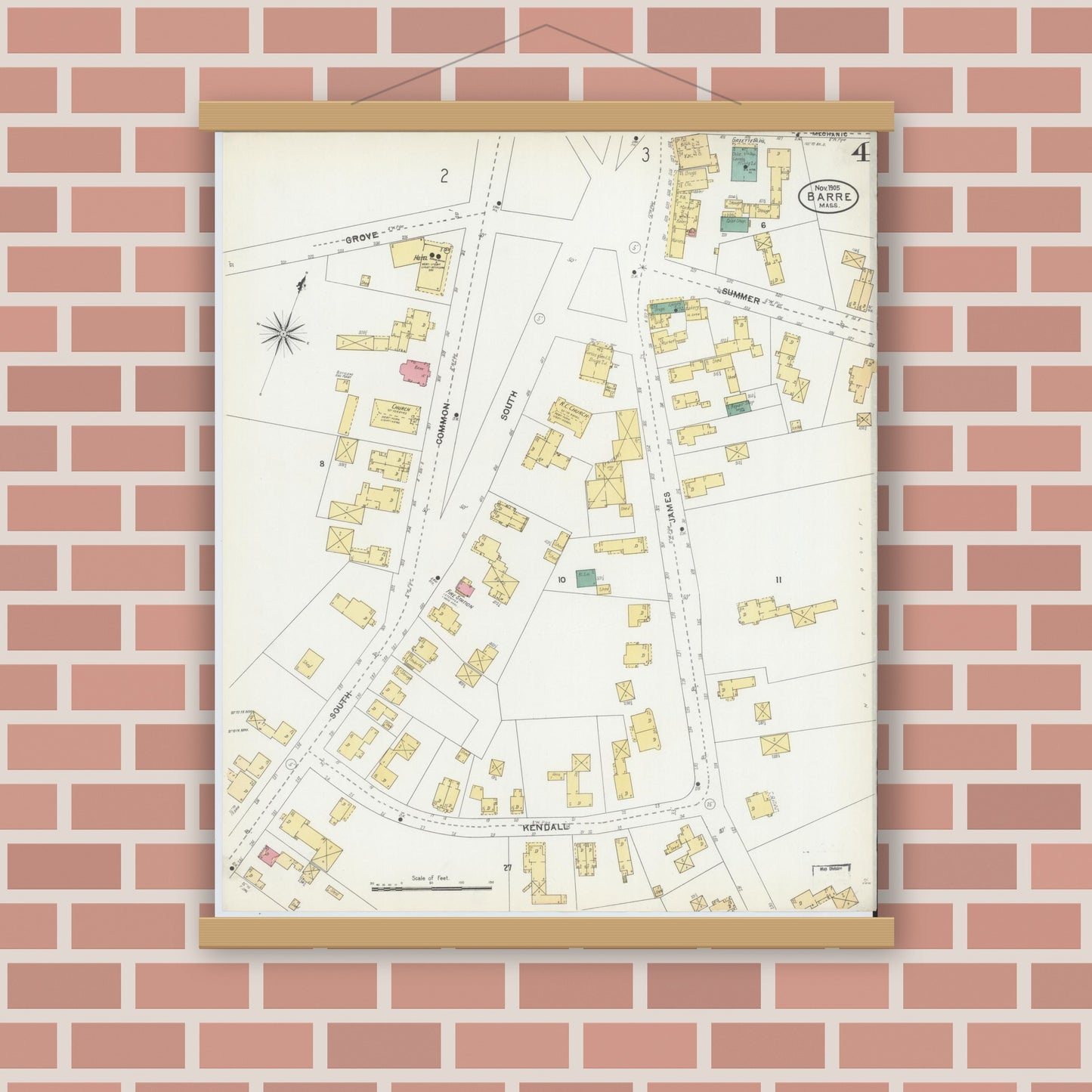 Old map wall art mockup — magnetic wood frame on brick wall — Sanborn Fire Insurance Map from Barre, Worcester County, Massachusetts (1905), Sheet #0004