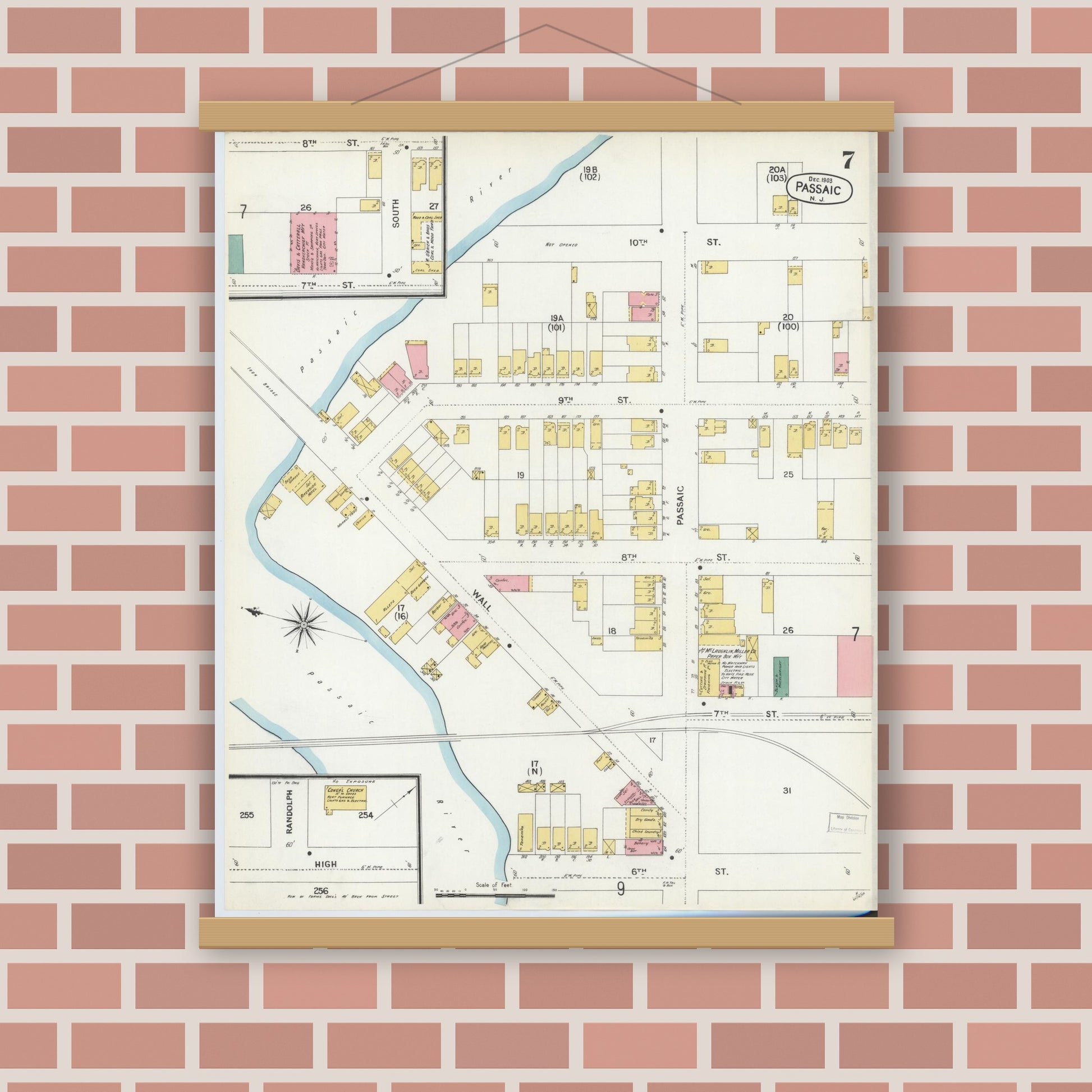 Old map wall art mockup — magnetic wood frame on brick wall — Sanborn Fire Insurance Map from Passaic, Passaic County, New Jersey (1903), Sheet #0007