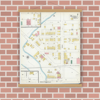Old map wall art mockup — magnetic wood frame on brick wall — Sanborn Fire Insurance Map from Passaic, Passaic County, New Jersey (1903), Sheet #0007