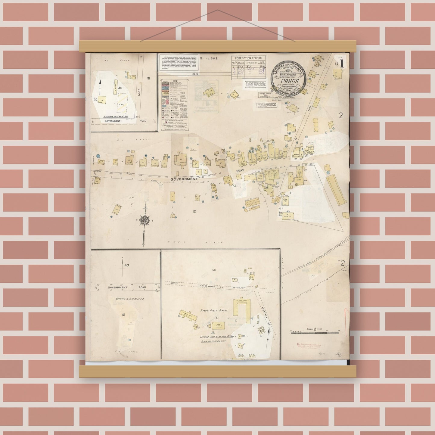 Old map wall art mockup — magnetic wood frame on brick wall — Sanborn Fire Insurance Map from Pahoa, Hawaii County, Hawaii (1956), Sheet #0001