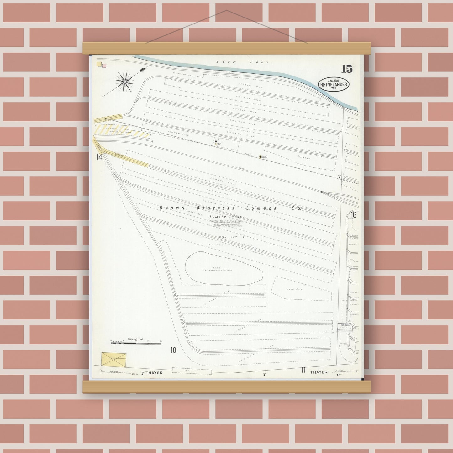 Old map wall art mockup — magnetic wood frame on brick wall — Sanborn Fire Insurance Map from Rhinelander, Oneida County, Wisconsin (1908), Sheet #0015