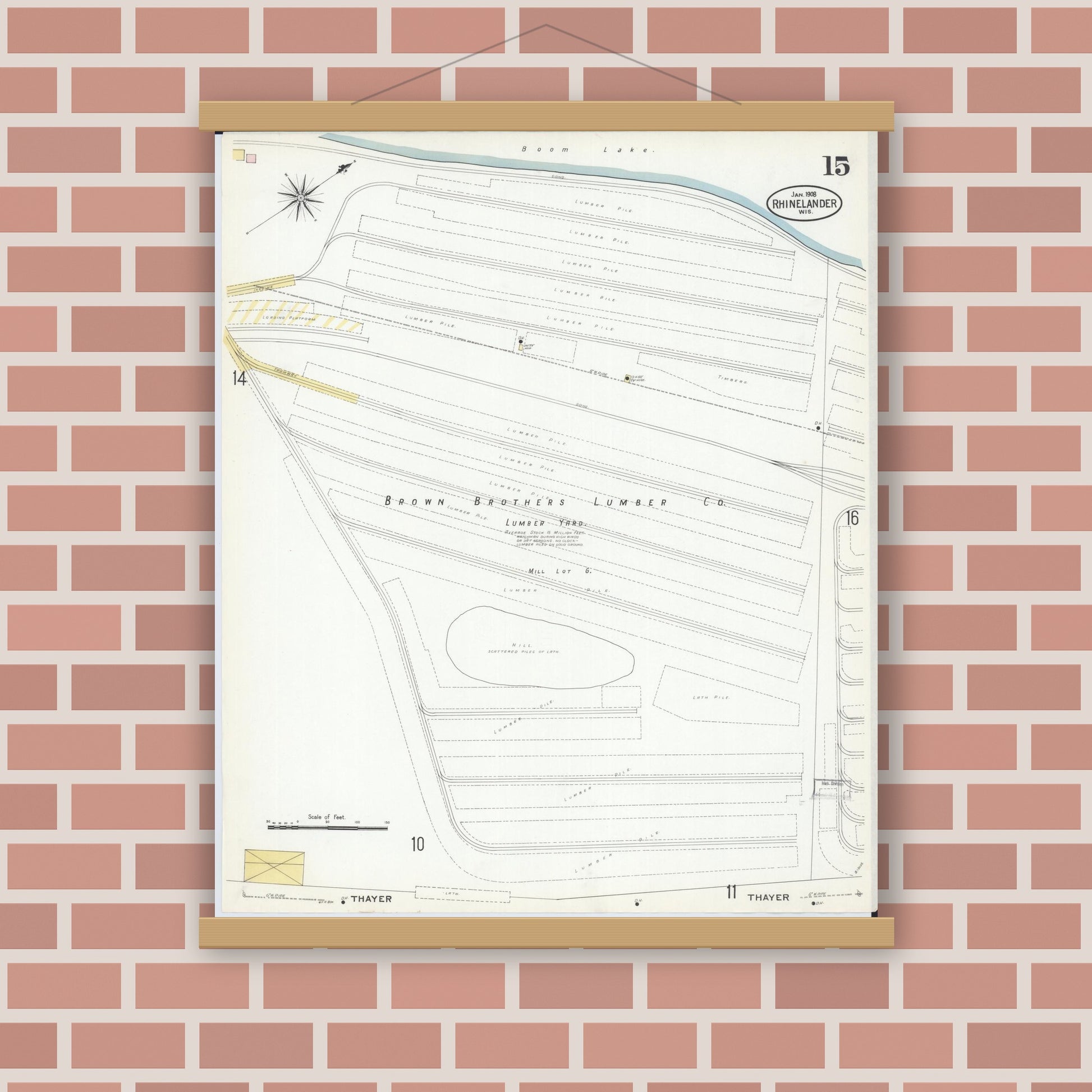 Old map wall art mockup — magnetic wood frame on brick wall — Sanborn Fire Insurance Map from Rhinelander, Oneida County, Wisconsin (1908), Sheet #0015