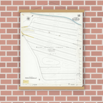 Old map wall art mockup — magnetic wood frame on brick wall — Sanborn Fire Insurance Map from Rhinelander, Oneida County, Wisconsin (1908), Sheet #0015