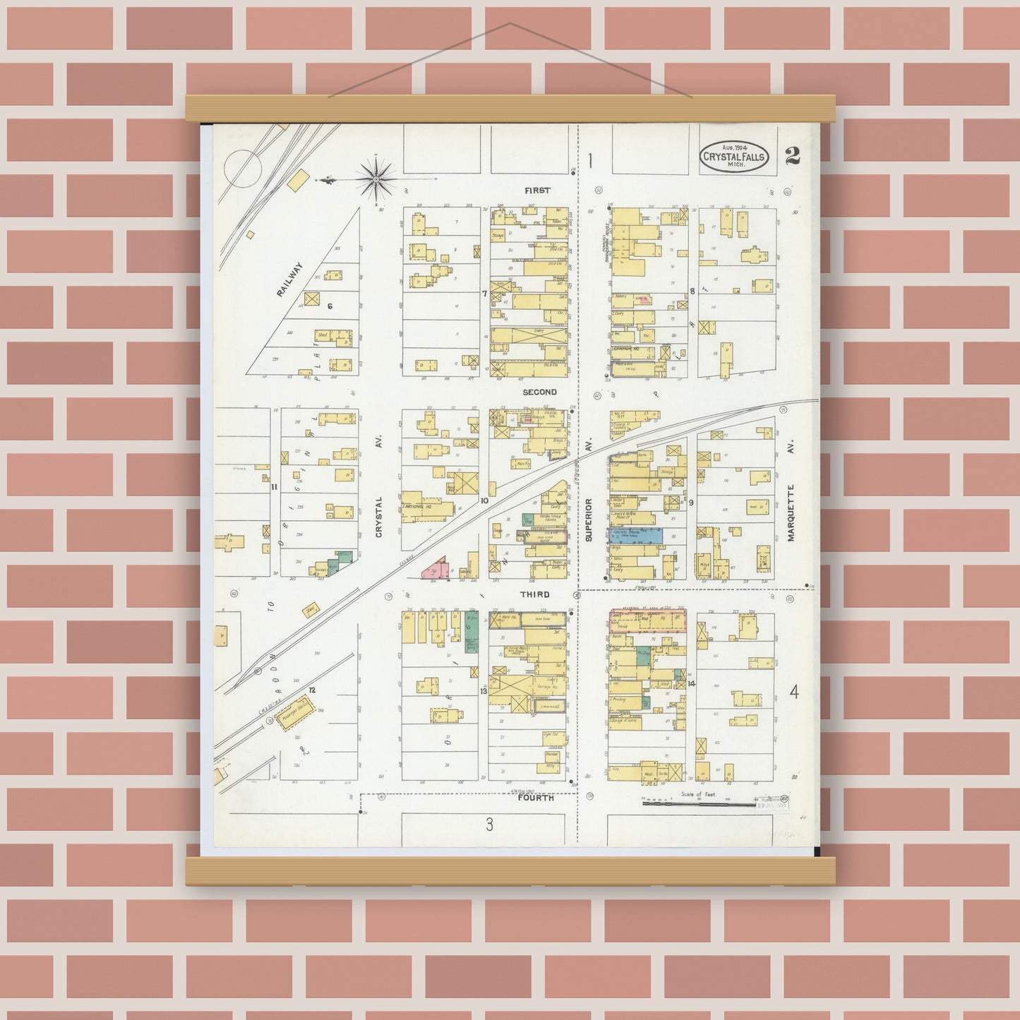 Old map wall art mockup — magnetic wood frame on brick wall — Sanborn Fire Insurance Map from Crystal Falls, Iron County, Michigan (1904), Sheet #0002