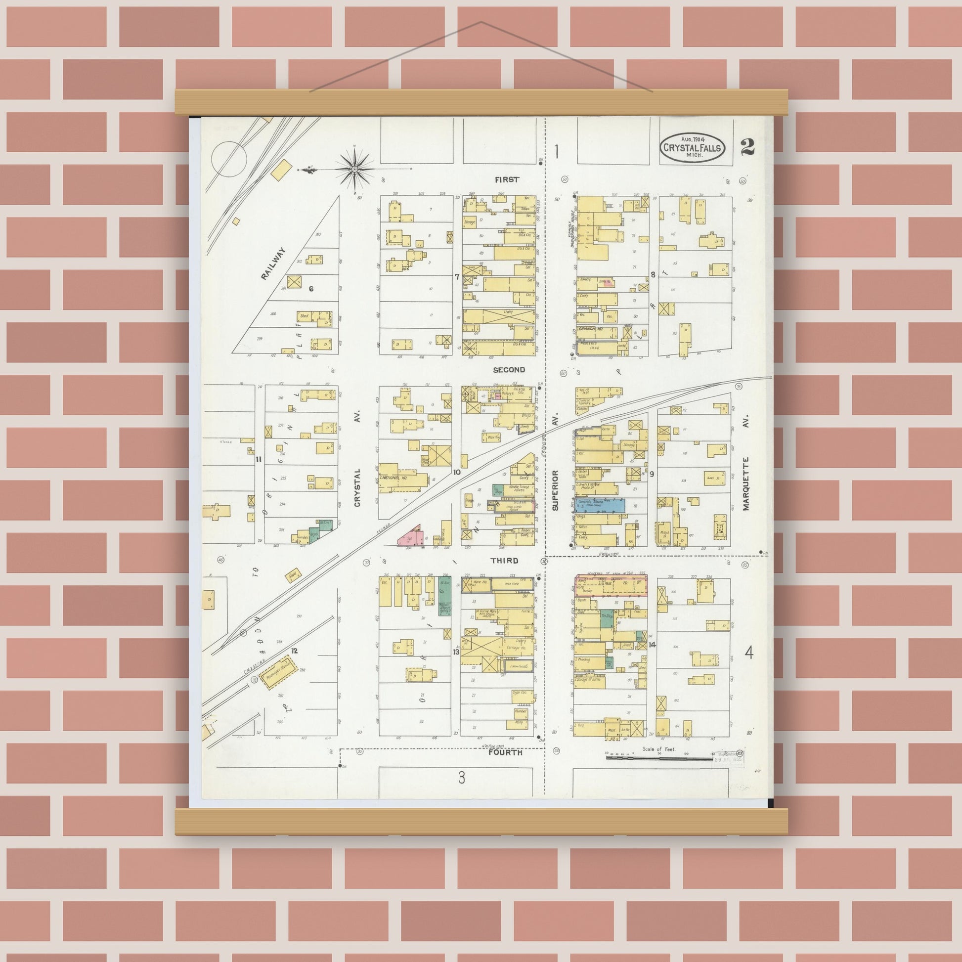 Old map wall art mockup — magnetic wood frame on brick wall — Sanborn Fire Insurance Map from Crystal Falls, Iron County, Michigan (1904), Sheet #0002