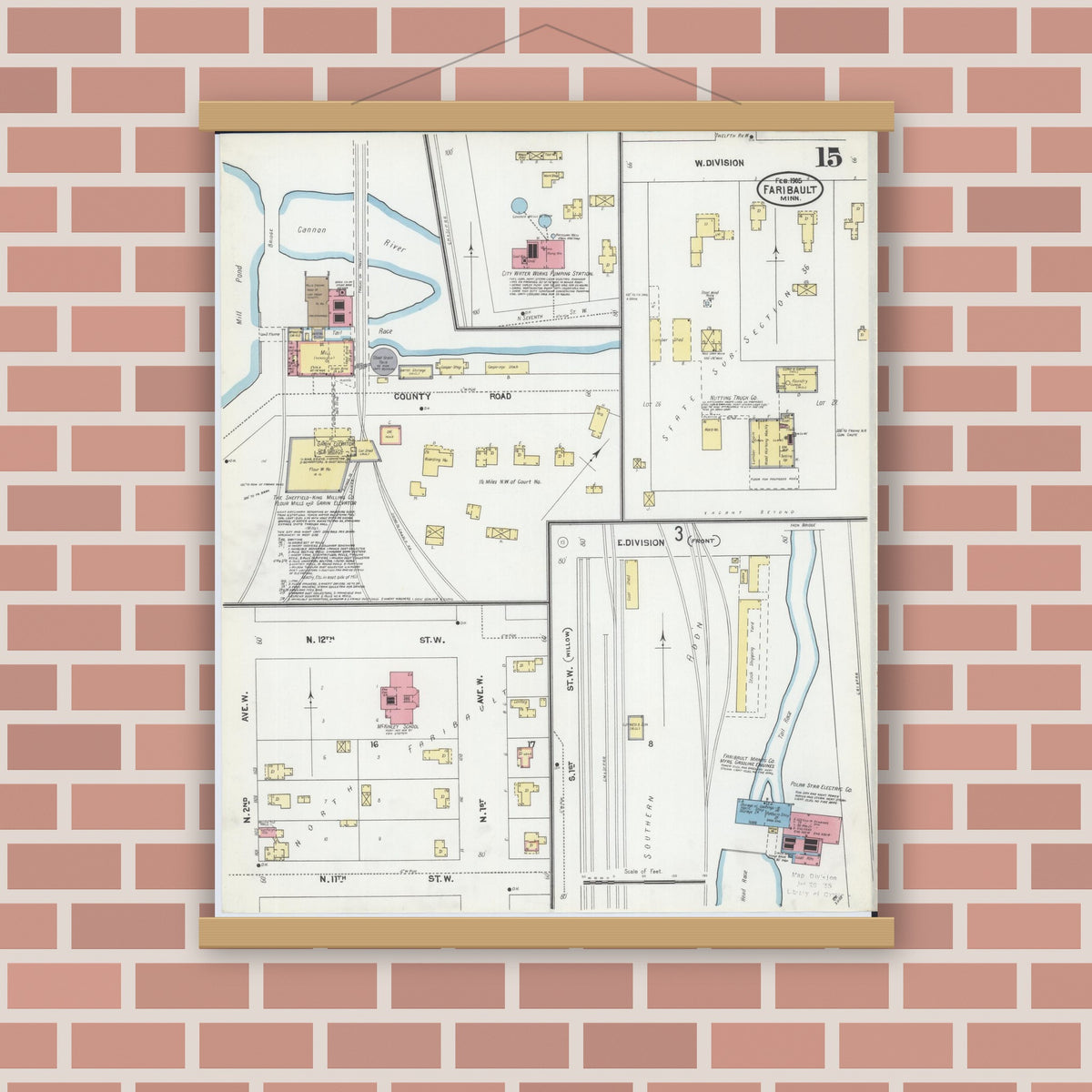 Old map wall art mockup — magnetic wood frame on brick wall — Sanborn Fire Insurance Map from Faribault, Rice County, Minnesota (1905), Sheet #0015
