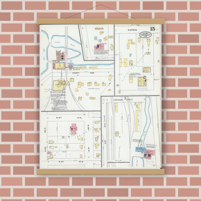 Old map wall art mockup — magnetic wood frame on brick wall — Sanborn Fire Insurance Map from Faribault, Rice County, Minnesota (1905), Sheet #0015