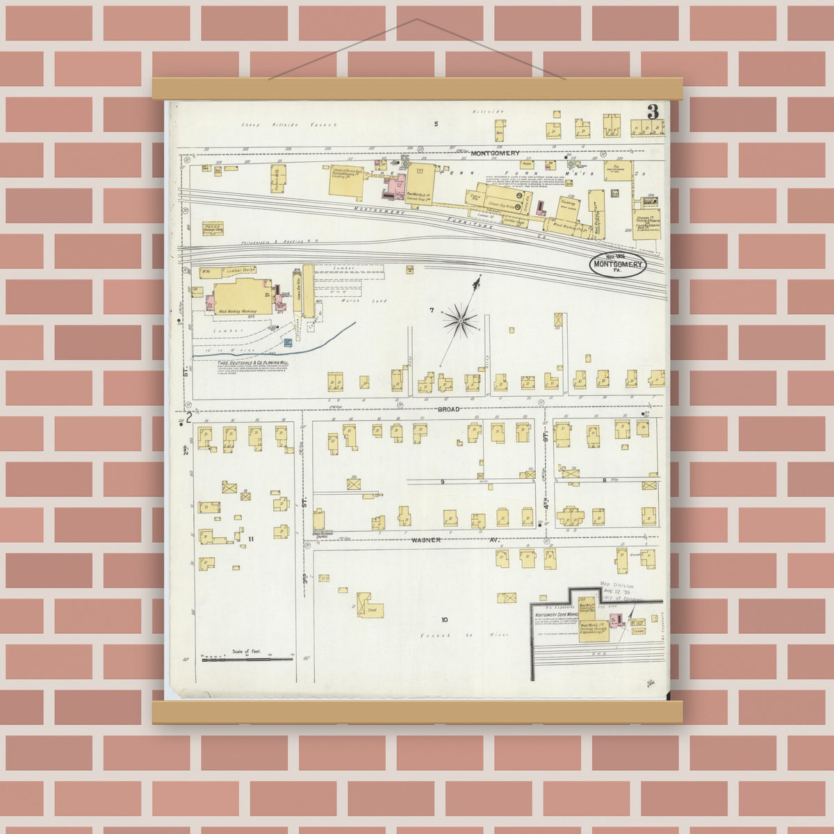 Old map wall art mockup — magnetic wood frame on brick wall — Sanborn Fire Insurance Map from Montgomery, Lycoming County, Pennsylvania (1906), Sheet #0003