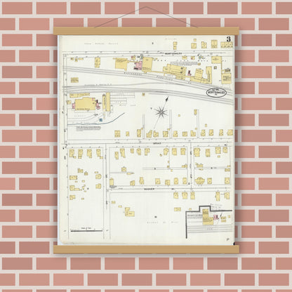 Old map wall art mockup — magnetic wood frame on brick wall — Sanborn Fire Insurance Map from Montgomery, Lycoming County, Pennsylvania (1906), Sheet #0003