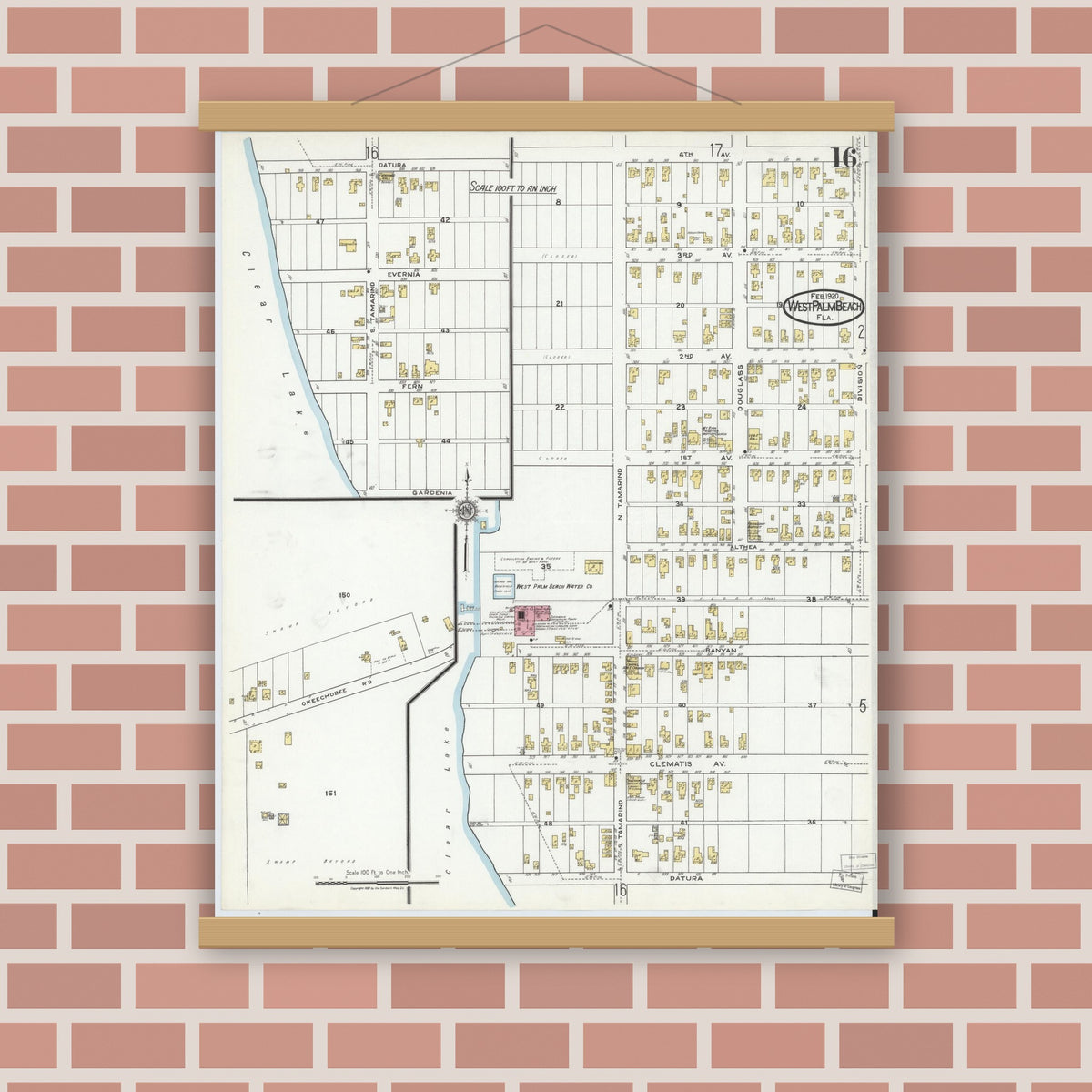 Old map wall art mockup — magnetic wood frame on brick wall — Sanborn Fire Insurance Map from West Palm Beach, Dade County, Florida (1920), Sheet #0016
