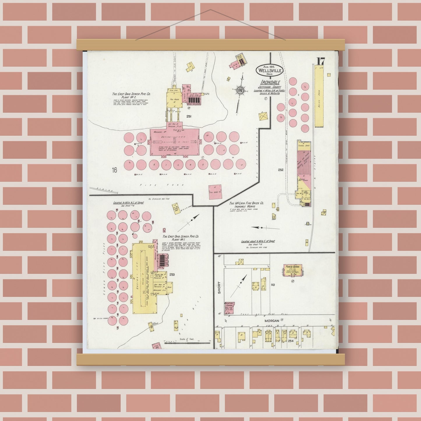 Old map wall art mockup — magnetic wood frame on brick wall — Sanborn Fire Insurance Map from Wellsville, Columbiana County, Ohio (1915), Sheet #0017
