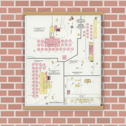 Old map wall art mockup — magnetic wood frame on brick wall — Sanborn Fire Insurance Map from Wellsville, Columbiana County, Ohio (1915), Sheet #0017