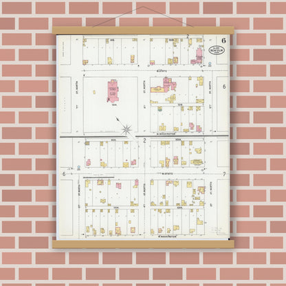 Old map wall art mockup — magnetic wood frame on brick wall — Sanborn Fire Insurance Map from New Ulm, Brown County, Minnesota (1899), Sheet #0006