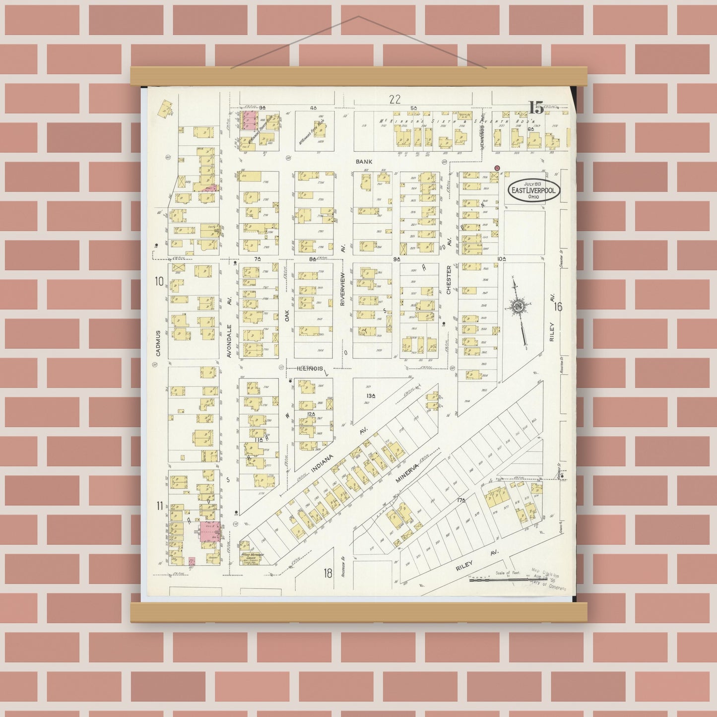 Old map wall art mockup — magnetic wood frame on brick wall — Sanborn Fire Insurance Map from East Liverpool, Columbiana County, Ohio (1913), Sheet #0015