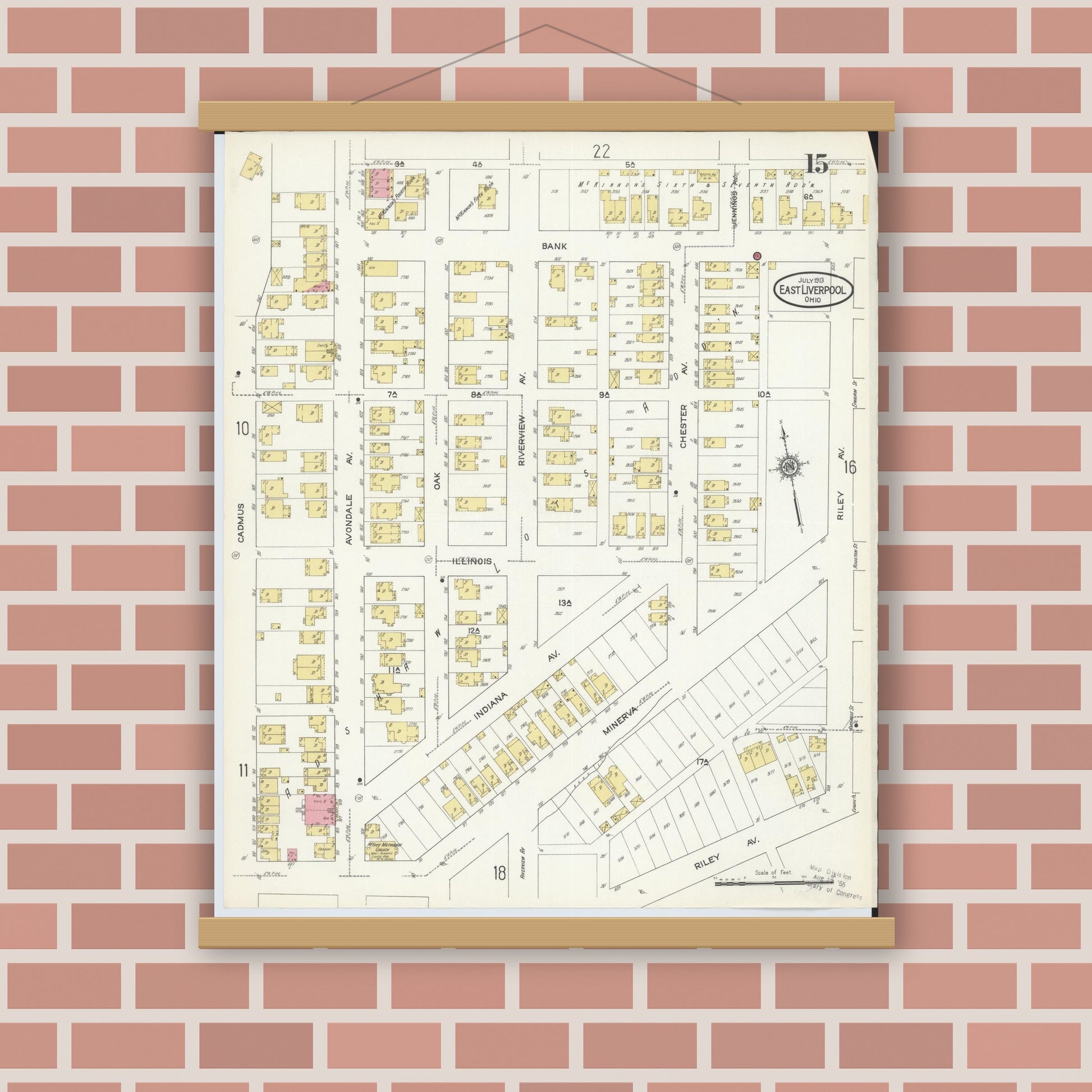 Old map wall art mockup — magnetic wood frame on brick wall — Sanborn Fire Insurance Map from East Liverpool, Columbiana County, Ohio (1913), Sheet #0015