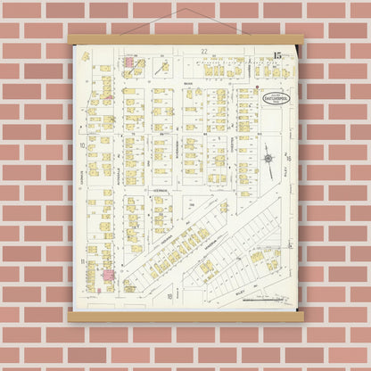 Old map wall art mockup — magnetic wood frame on brick wall — Sanborn Fire Insurance Map from East Liverpool, Columbiana County, Ohio (1913), Sheet #0015