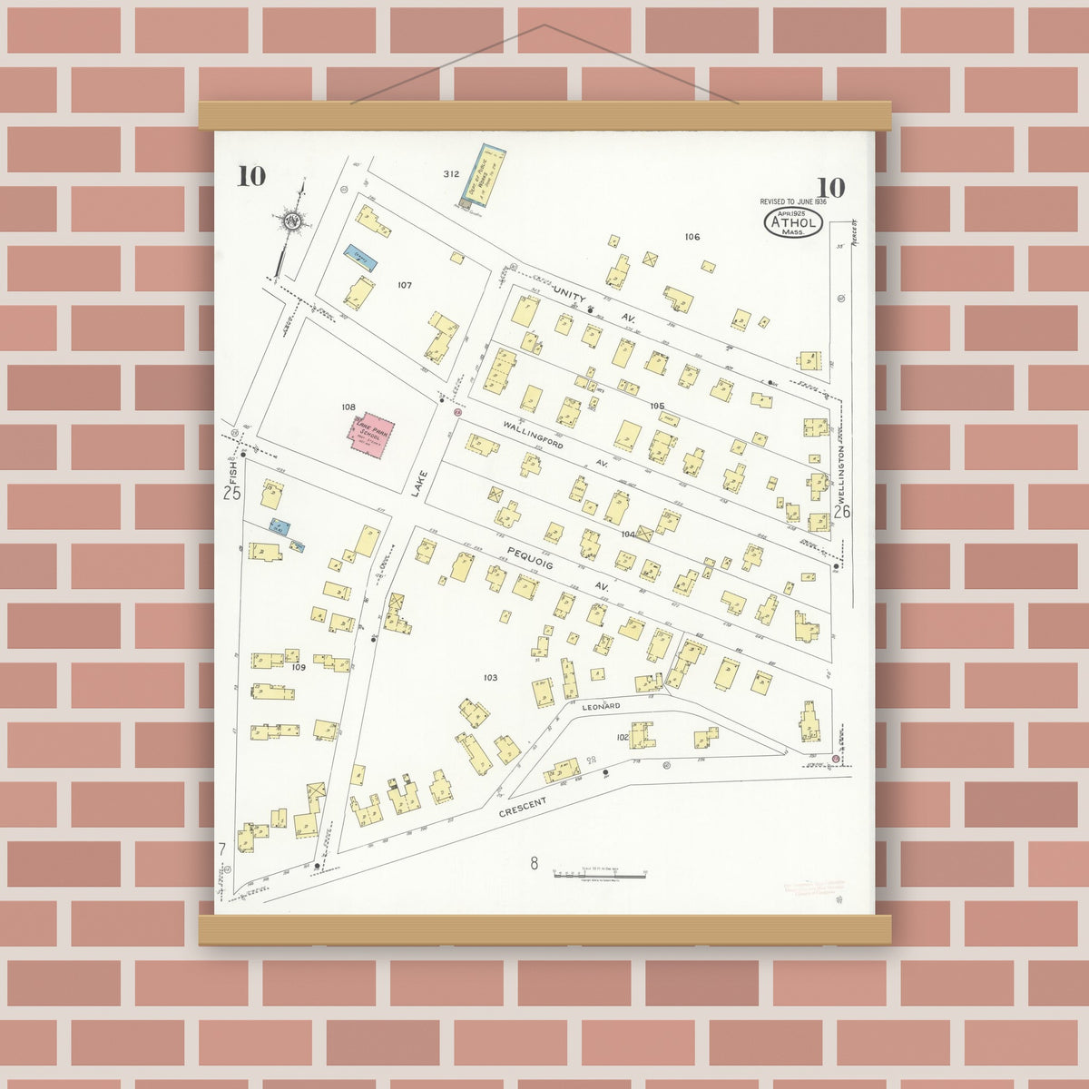 Old map wall art mockup — magnetic wood frame on brick wall — Sanborn Fire Insurance Map from Athol, Worcester County, Massachusetts (1936), Sheet #0010