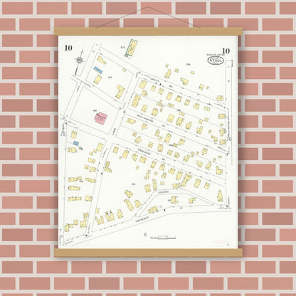 Old map wall art mockup — magnetic wood frame on brick wall — Sanborn Fire Insurance Map from Athol, Worcester County, Massachusetts (1936), Sheet #0010