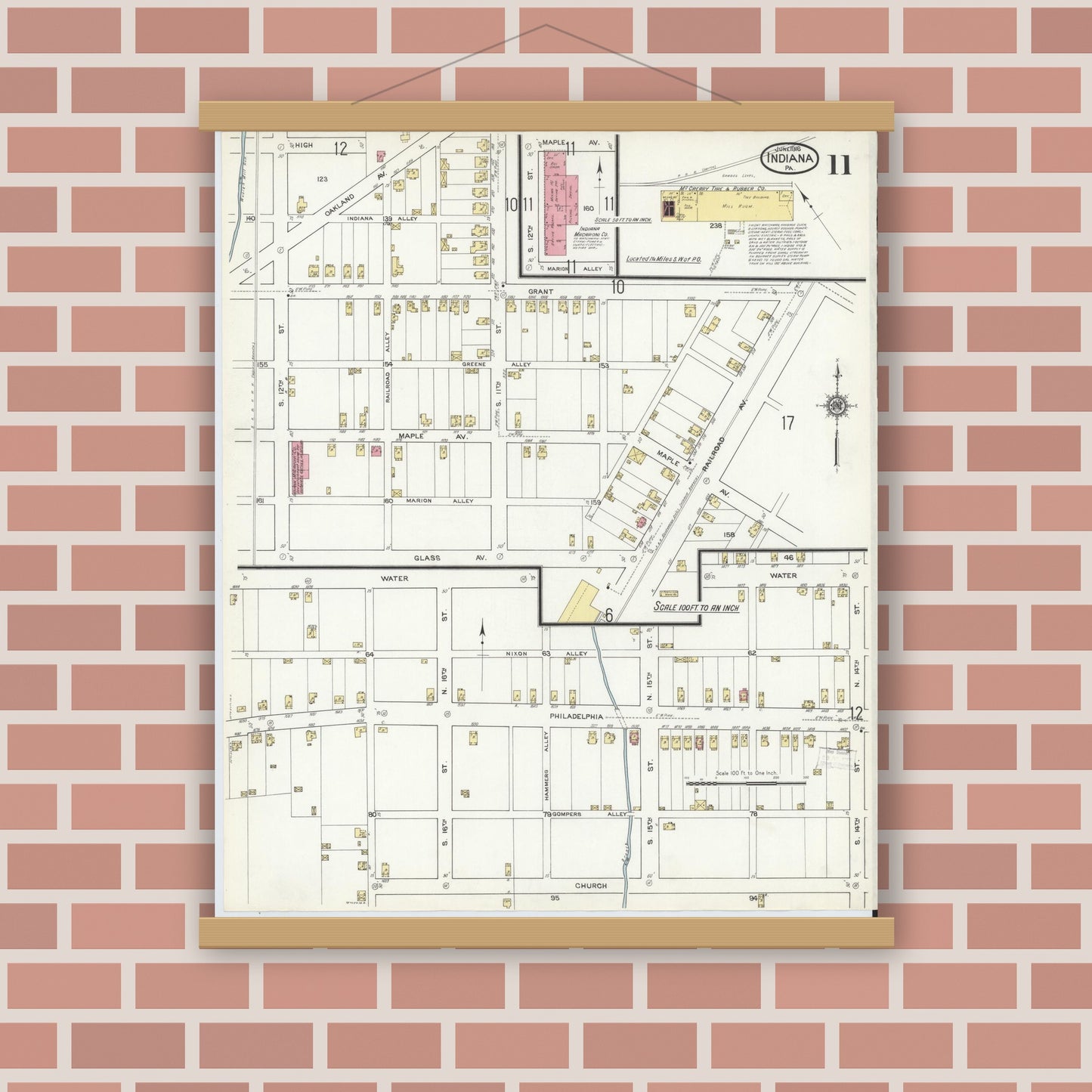 Old map wall art mockup — magnetic wood frame on brick wall — Sanborn Fire Insurance Map from Indiana, Indiana County, Pennsylvania (1916), Sheet #0011