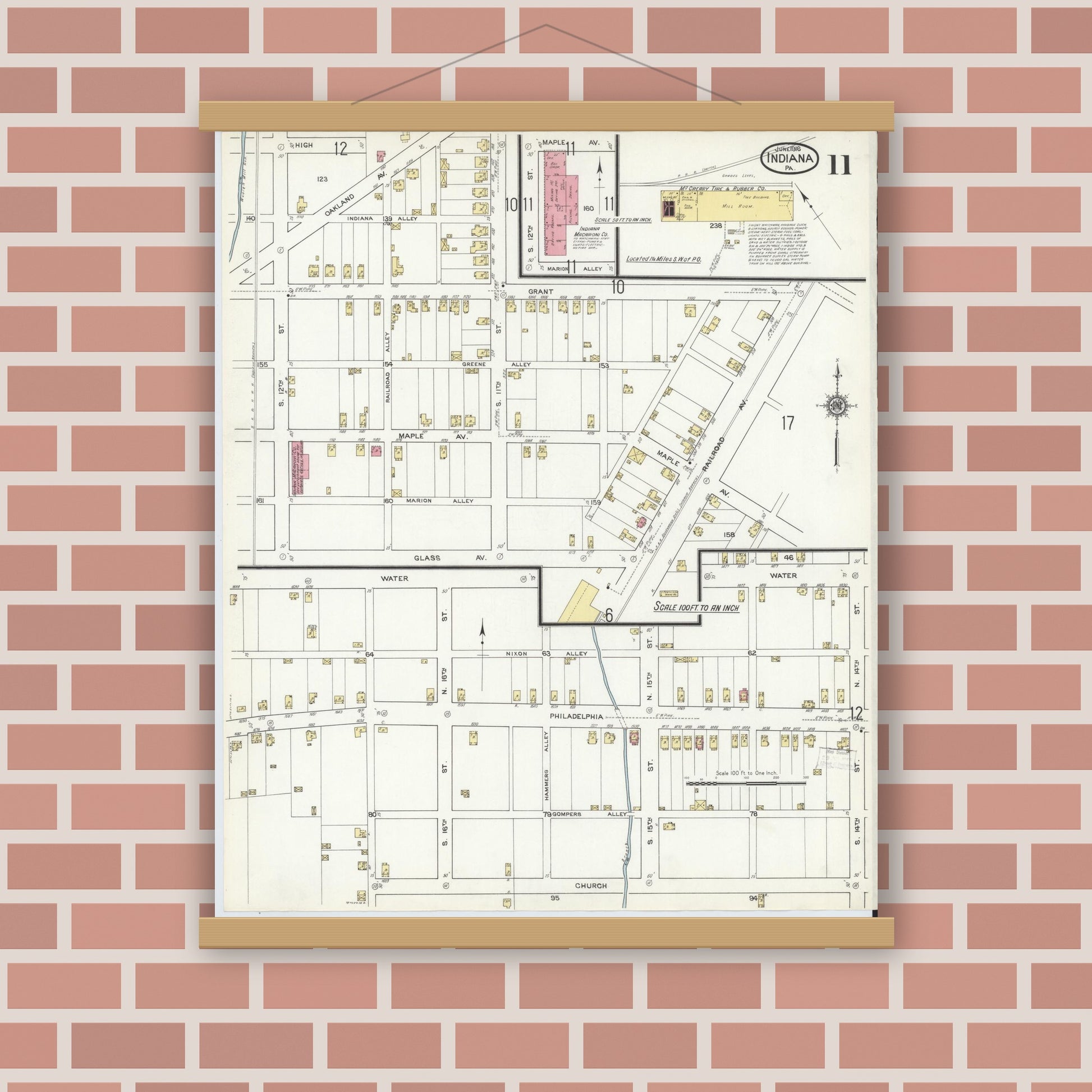 Old map wall art mockup — magnetic wood frame on brick wall — Sanborn Fire Insurance Map from Indiana, Indiana County, Pennsylvania (1916), Sheet #0011