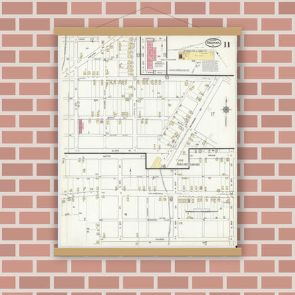 Old map wall art mockup — magnetic wood frame on brick wall — Sanborn Fire Insurance Map from Indiana, Indiana County, Pennsylvania (1916), Sheet #0011