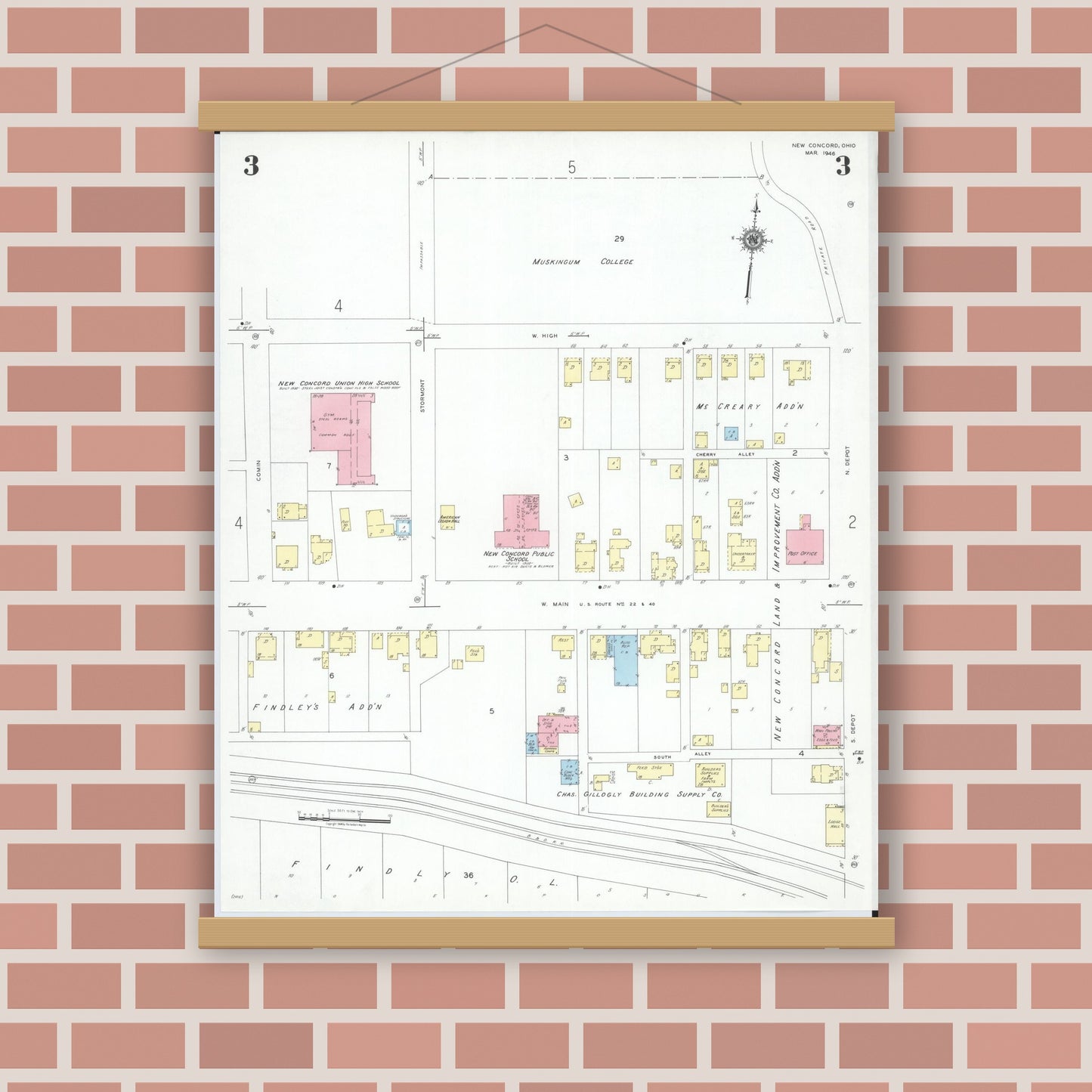 Old map wall art mockup — magnetic wood frame on brick wall — Sanborn Fire Insurance Map from New Concord, Muskingum County, Ohio (1946), Sheet #0003