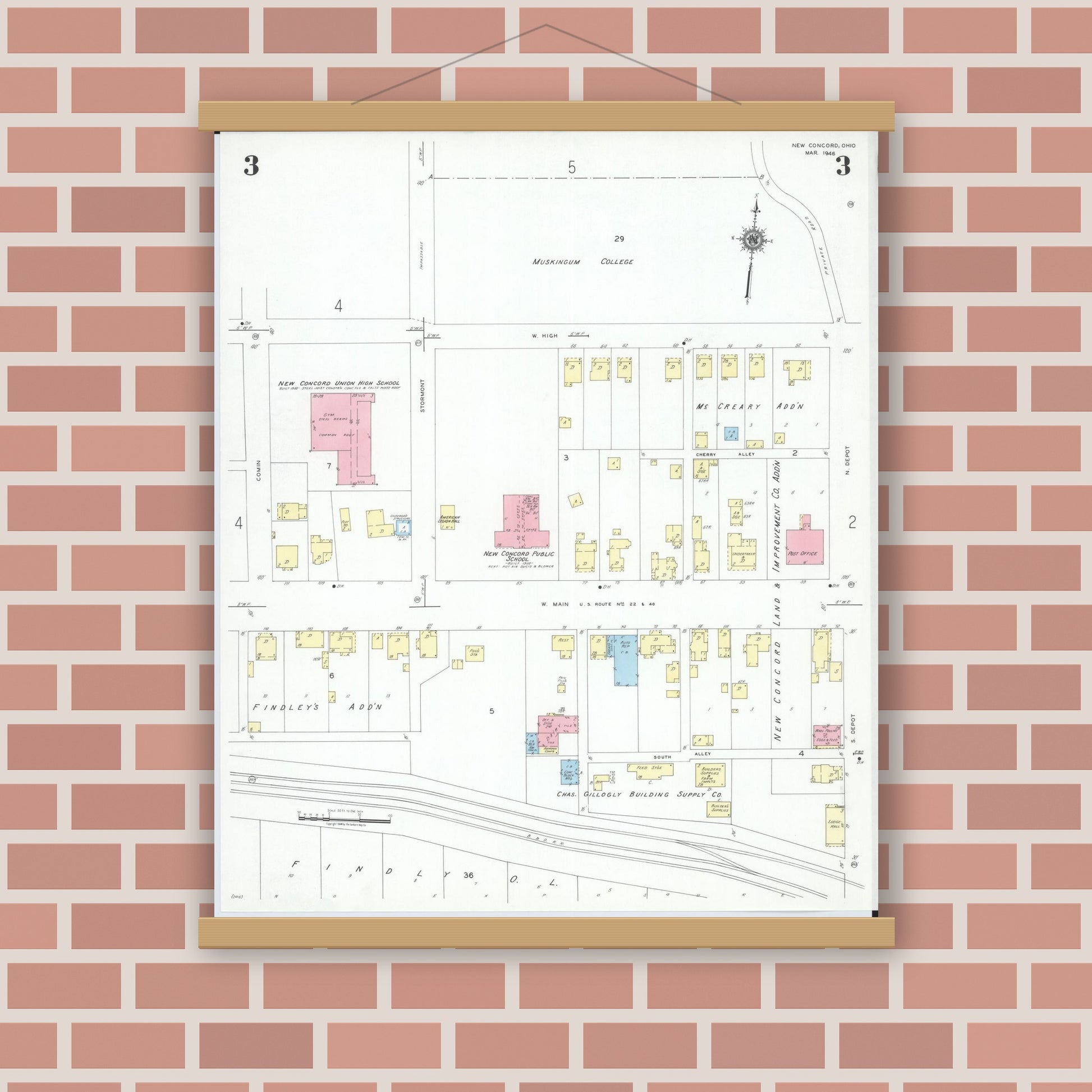 Old map wall art mockup — magnetic wood frame on brick wall — Sanborn Fire Insurance Map from New Concord, Muskingum County, Ohio (1946), Sheet #0003