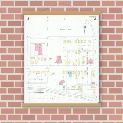 Old map wall art mockup — magnetic wood frame on brick wall — Sanborn Fire Insurance Map from New Concord, Muskingum County, Ohio (1946), Sheet #0003