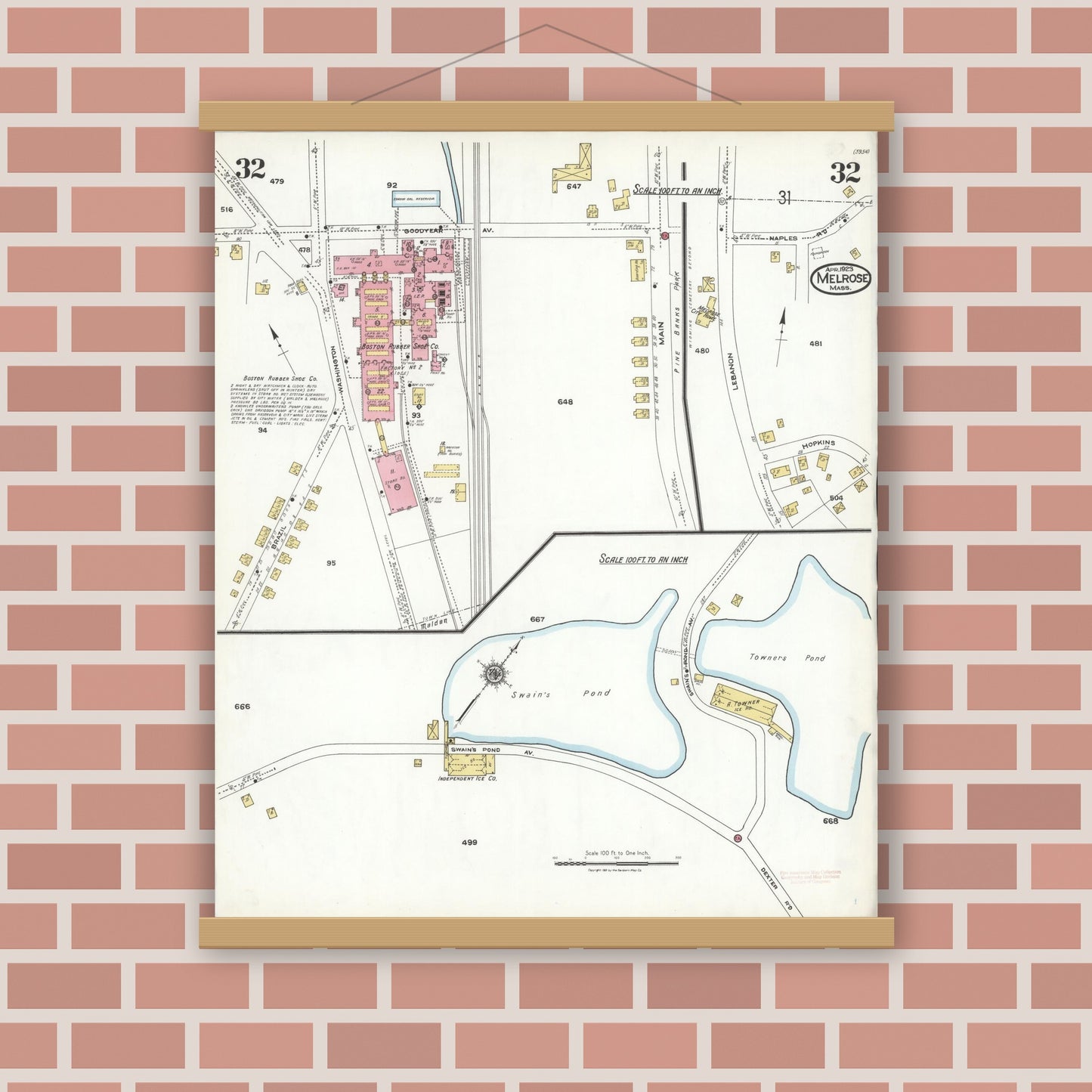 Old map wall art mockup — magnetic wood frame on brick wall — Sanborn Fire Insurance Map from Melrose, Middlesex County, Massachusetts (1923), Sheet #0032