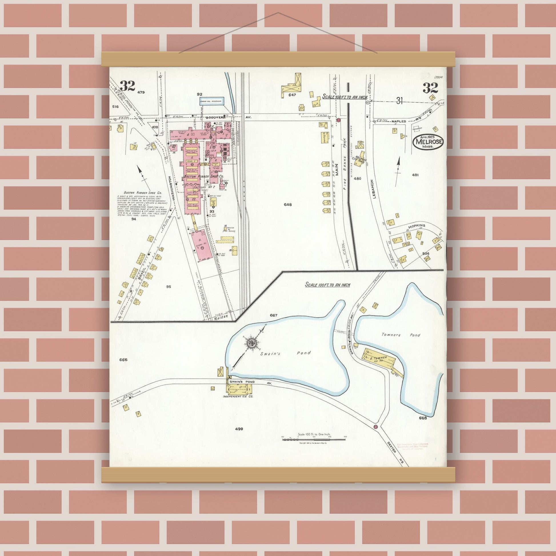 Old map wall art mockup — magnetic wood frame on brick wall — Sanborn Fire Insurance Map from Melrose, Middlesex County, Massachusetts (1923), Sheet #0032