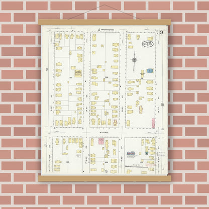 Old map wall art mockup — magnetic wood frame on brick wall — Sanborn Fire Insurance Map from Olean, Cattaraugus County, New York (1909), Sheet #0009