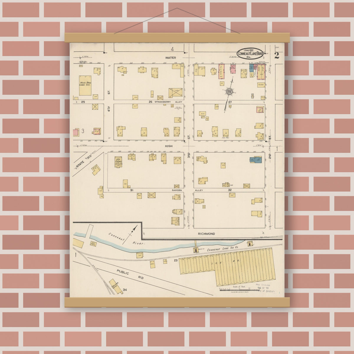 Old map wall art mockup — magnetic wood frame on brick wall — Sanborn Fire Insurance Map from Conneaut Lake Borough, Crawford County, Pennsylvania (1922), Sheet #0002