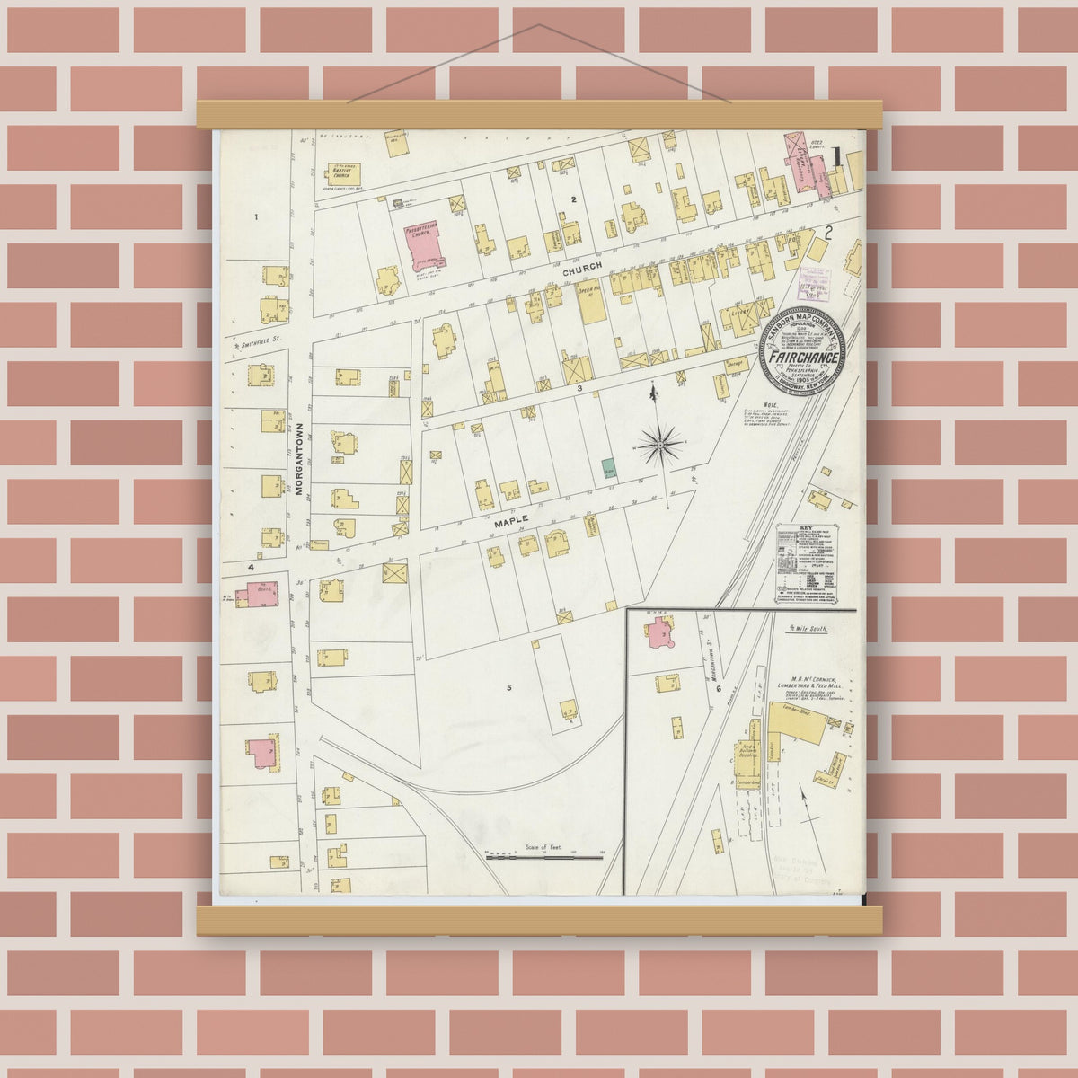 Old map wall art mockup — magnetic wood frame on brick wall — Sanborn Fire Insurance Map from Fairchange, Fayette County, Pennsylvania (1905) - Complete Map Set