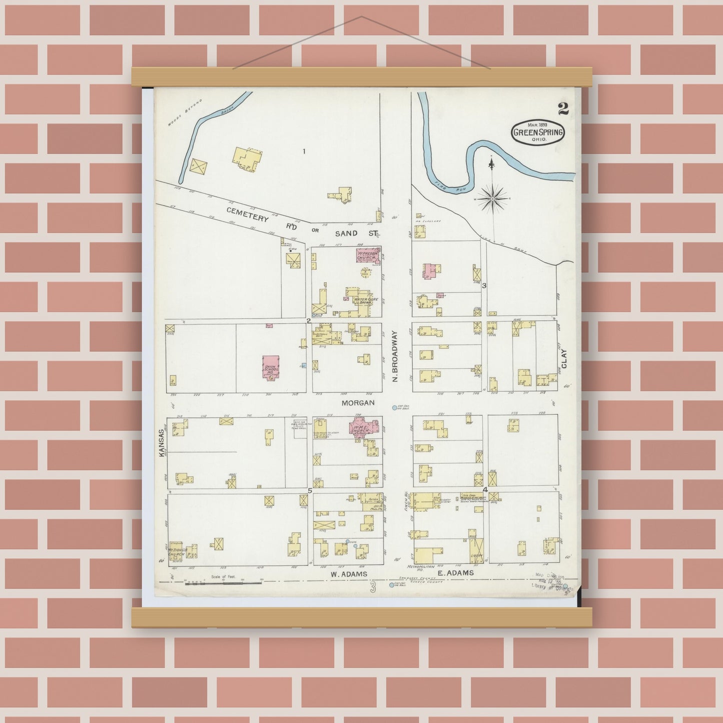Old map wall art mockup — magnetic wood frame on brick wall — Sanborn Fire Insurance Map from Green Springs, Sandusky And Seneca Counties, Ohio (1893), Sheet #0002