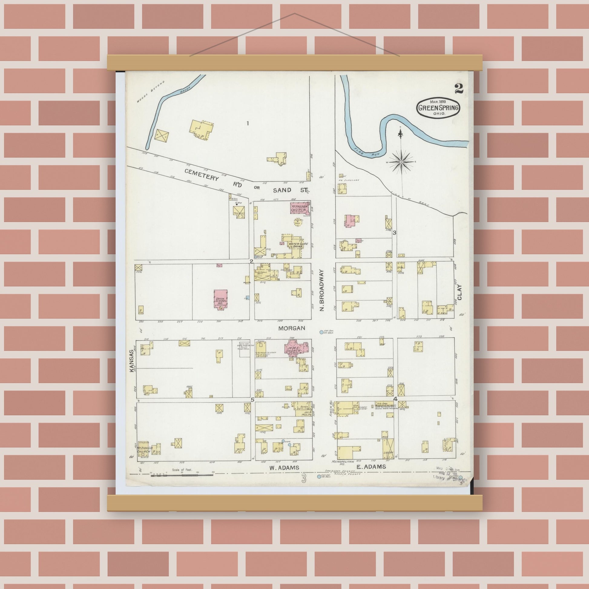 Old map wall art mockup — magnetic wood frame on brick wall — Sanborn Fire Insurance Map from Green Springs, Sandusky And Seneca Counties, Ohio (1893), Sheet #0002