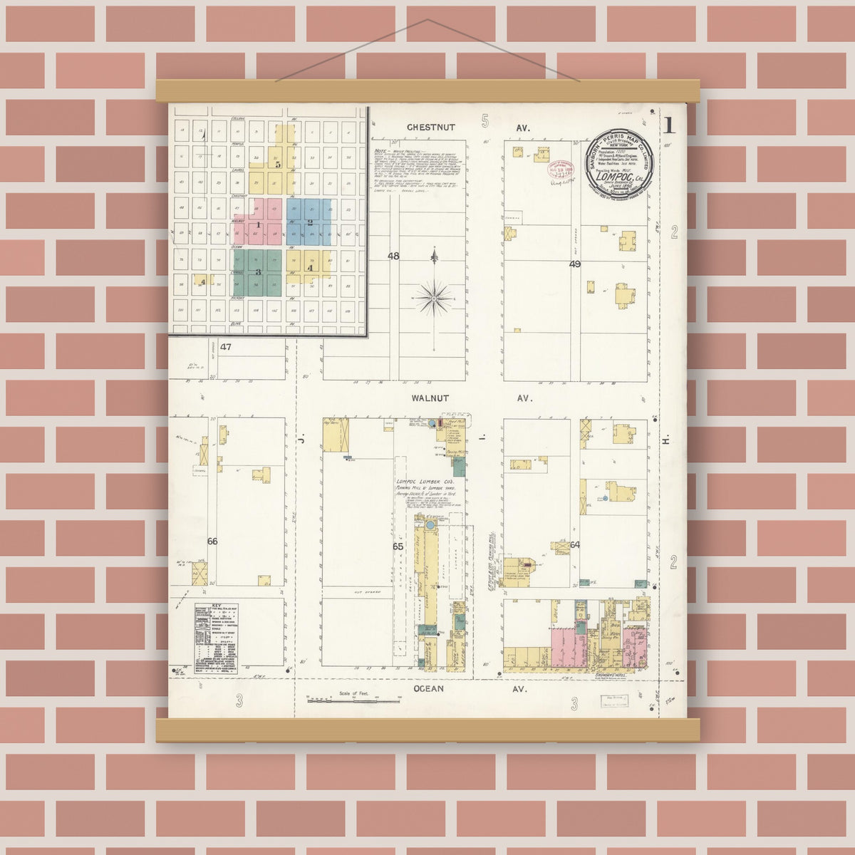 Old map wall art mockup — magnetic wood frame on brick wall — Sanborn Fire Insurance Map from Lompoc, Santa Barbara County, California (1895) - Complete Map Set