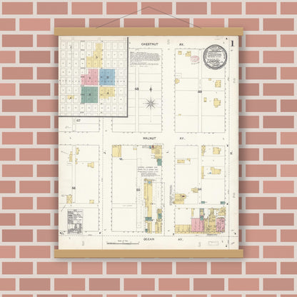 Old map wall art mockup — magnetic wood frame on brick wall — Sanborn Fire Insurance Map from Lompoc, Santa Barbara County, California (1895) - Complete Map Set