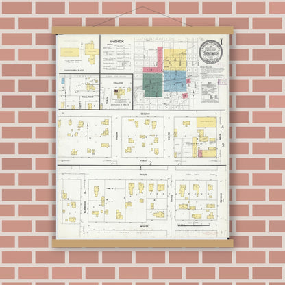Old map wall art mockup — magnetic wood frame on brick wall — Sanborn Fire Insurance Map from Sandwich, De Kalb County, Illinois (1909) - Complete Map Set