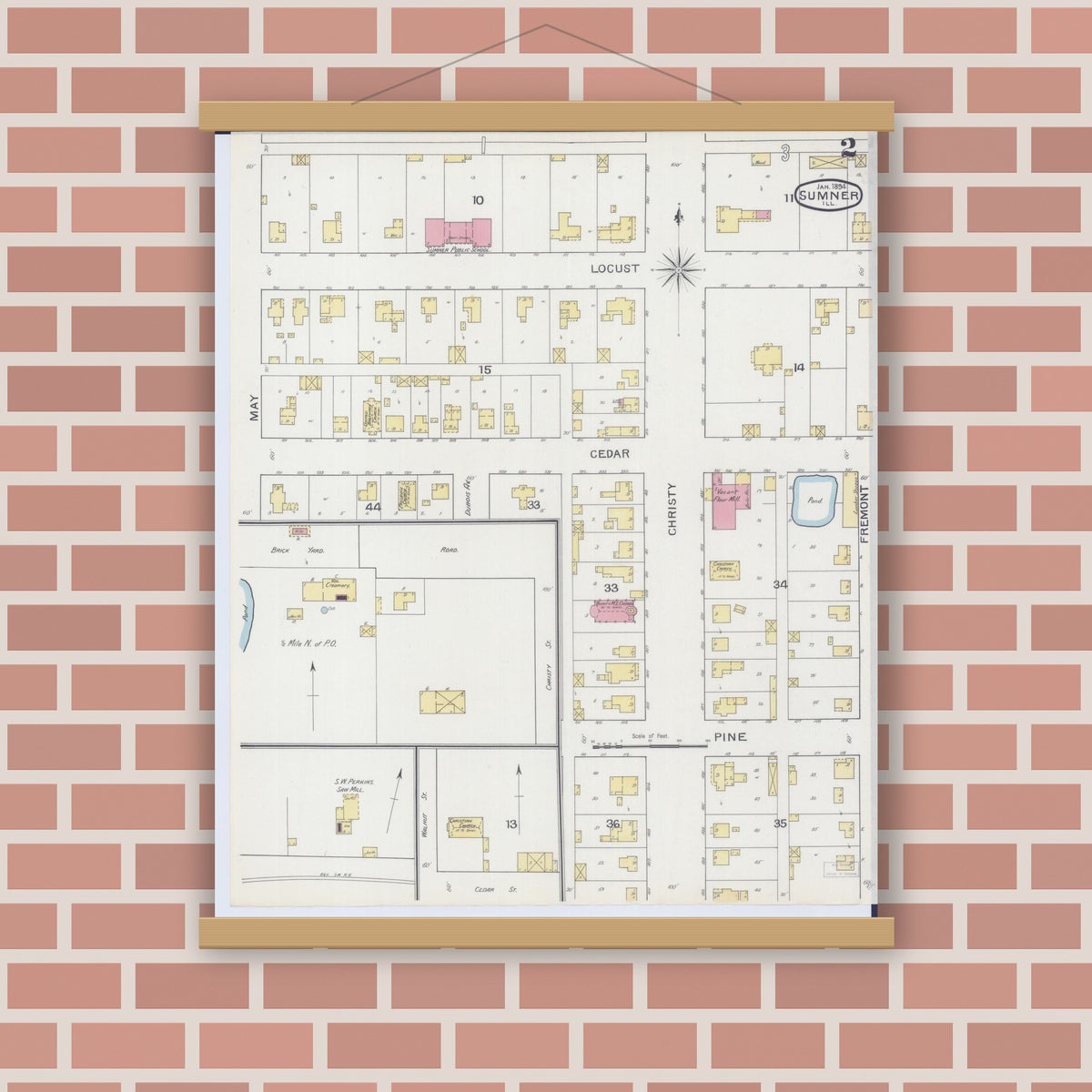 Old map wall art mockup — magnetic wood frame on brick wall — Sanborn Fire Insurance Map from Sumner, Lawrence County, Illinois (1894), Sheet #0002