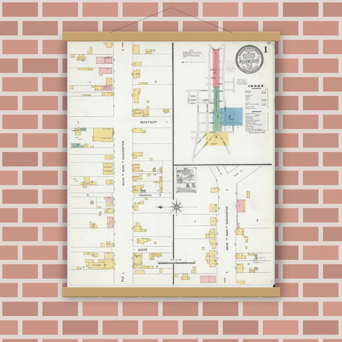 Old map wall art mockup — magnetic wood frame on brick wall — Sanborn Fire Insurance Map from Williamsburg, Independent Cities, Virginia (1904) - Complete Map Set