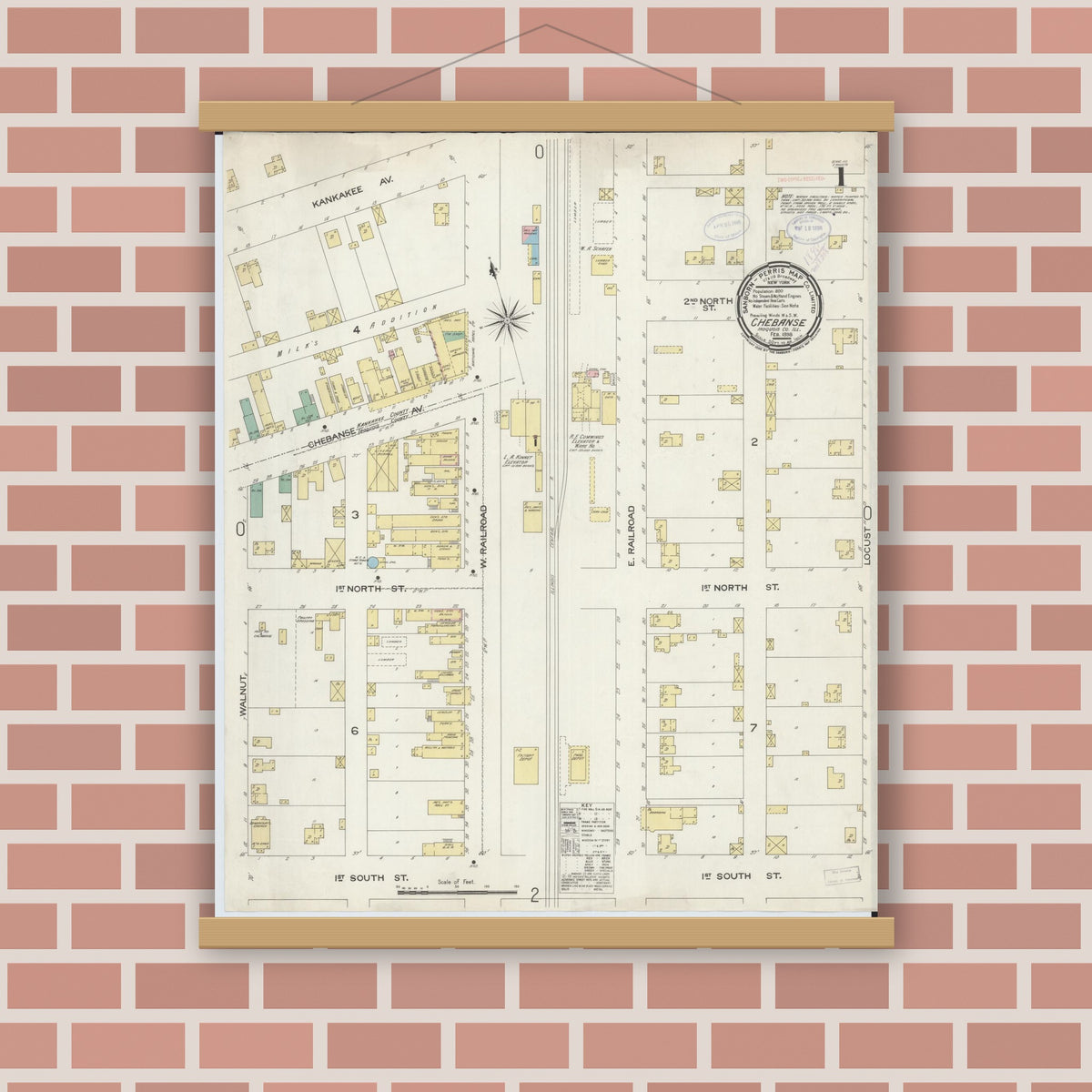 Old map wall art mockup — magnetic wood frame on brick wall — Sanborn Fire Insurance Map from Chebanse, Iroquois And Kankakee County, Illinois (1898), Sheet #0001