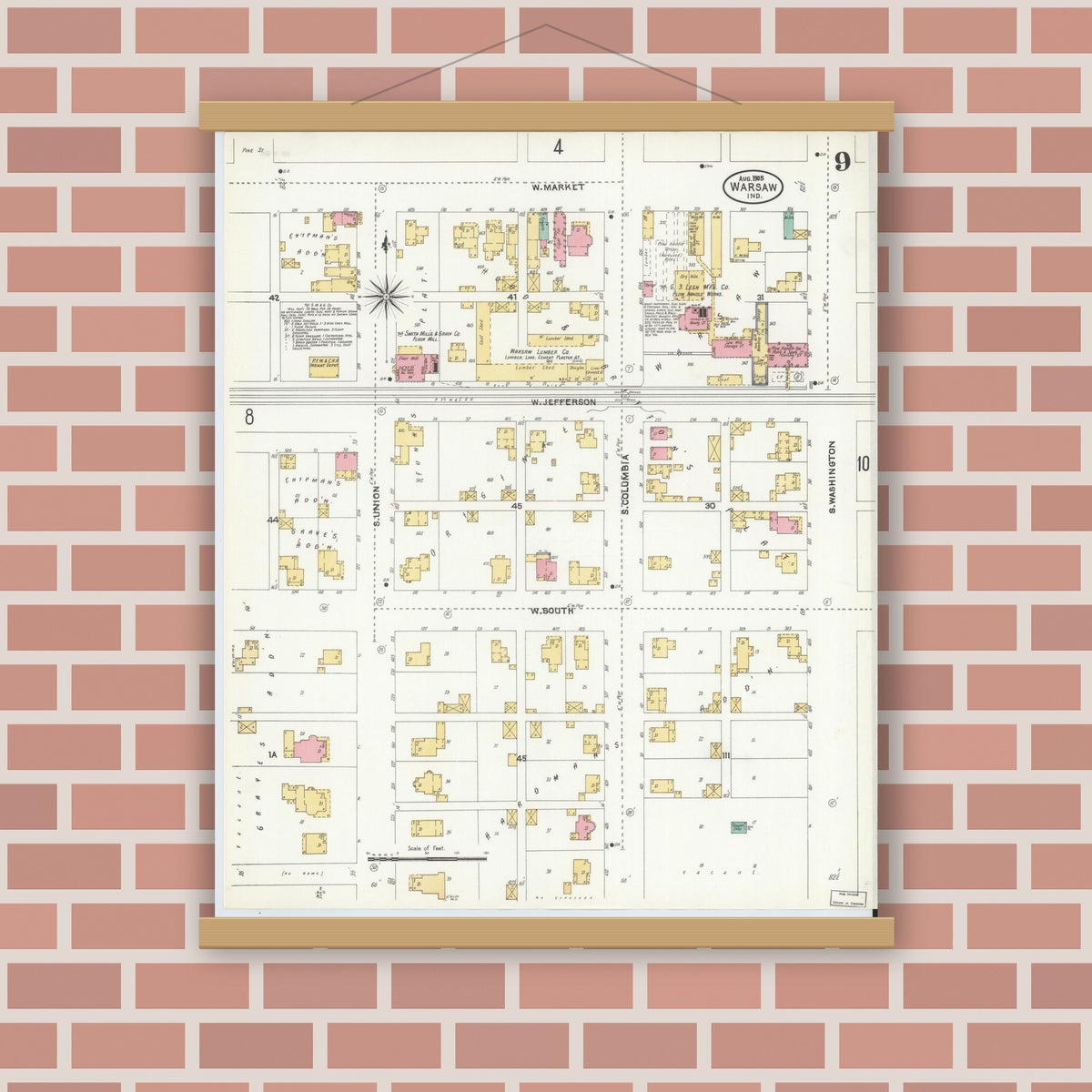 Old map wall art mockup — magnetic wood frame on brick wall — Sanborn Fire Insurance Map from Warsaw, Kosciusko County, Indiana (1905), Sheet #0009