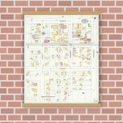 Old map wall art mockup — magnetic wood frame on brick wall — Sanborn Fire Insurance Map from Warsaw, Kosciusko County, Indiana (1905), Sheet #0009