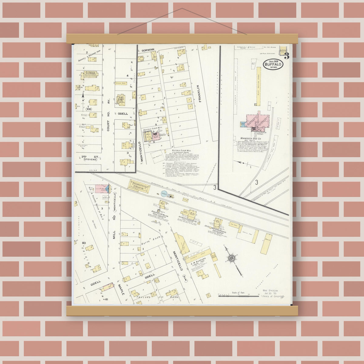 Old map wall art mockup — magnetic wood frame on brick wall — Sanborn Fire Insurance Map from Buffalo, Wright County, Minnesota (1909), Sheet #0003
