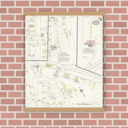 Old map wall art mockup — magnetic wood frame on brick wall — Sanborn Fire Insurance Map from Buffalo, Wright County, Minnesota (1909), Sheet #0003